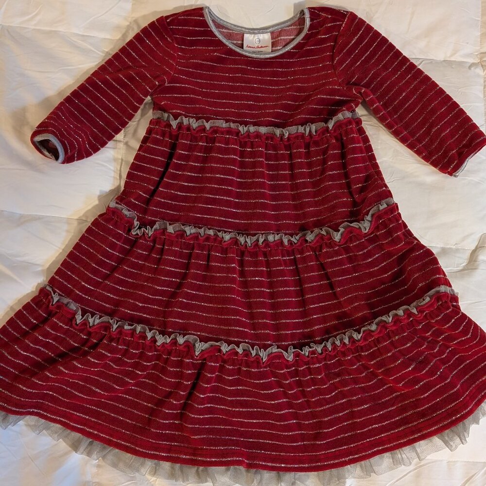 Hanna Andersson Red/Silver Velour Tiered Twirl Tulle Dress 110cm